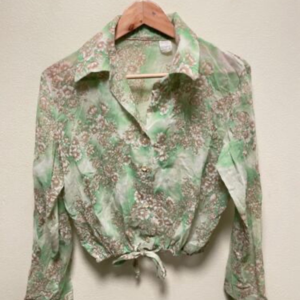 Vintage 70s green and taupe floral sheer crop button down shirt top S/M small